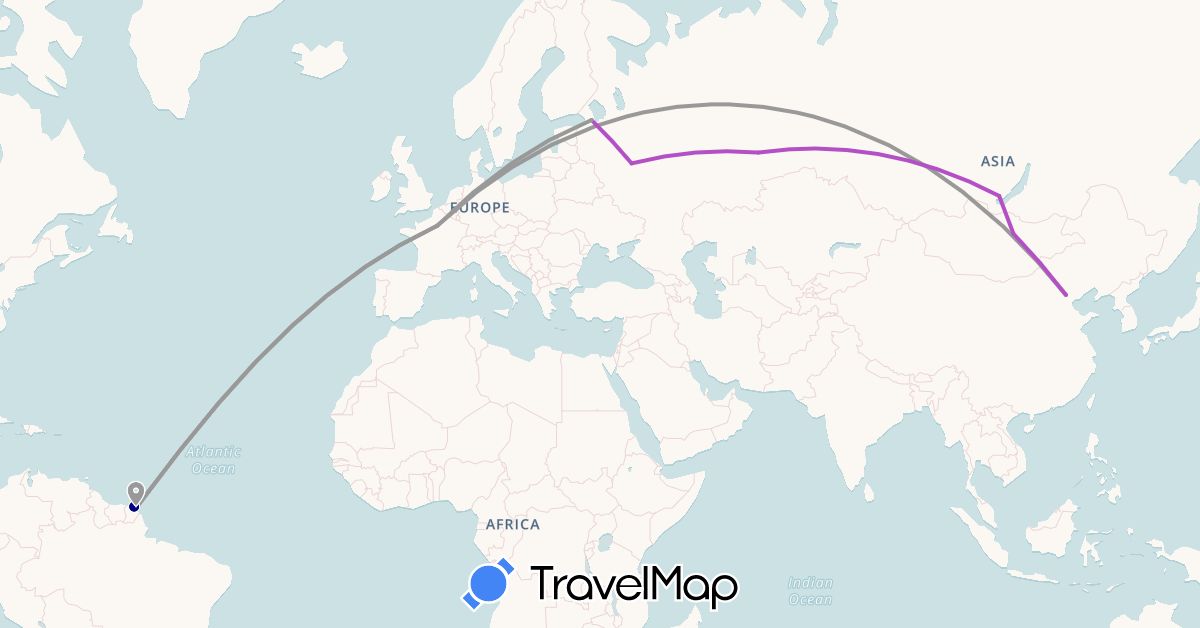 TravelMap itinerary: driving, plane, train in China, France, French Guiana, Mongolia, Russia (Asia, Europe, South America)