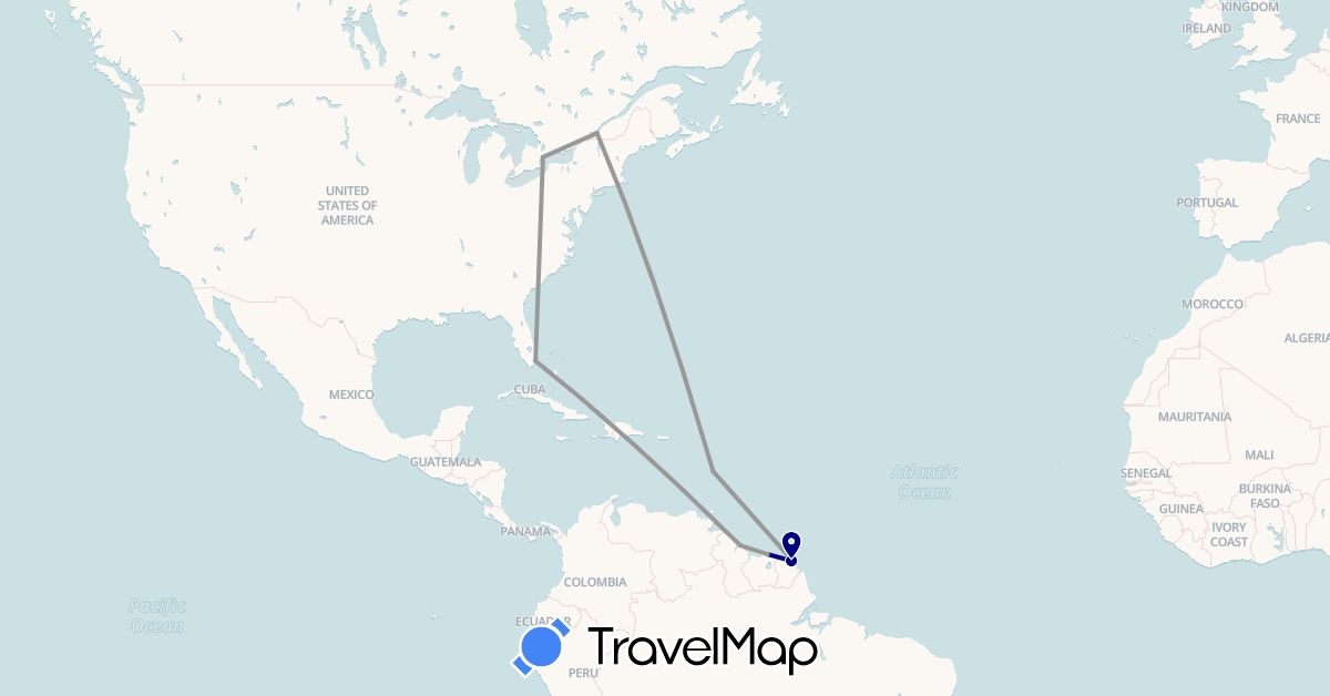 TravelMap itinerary: driving, plane in Canada, French Guiana, Guyana, Martinique, Suriname, United States (North America, South America)